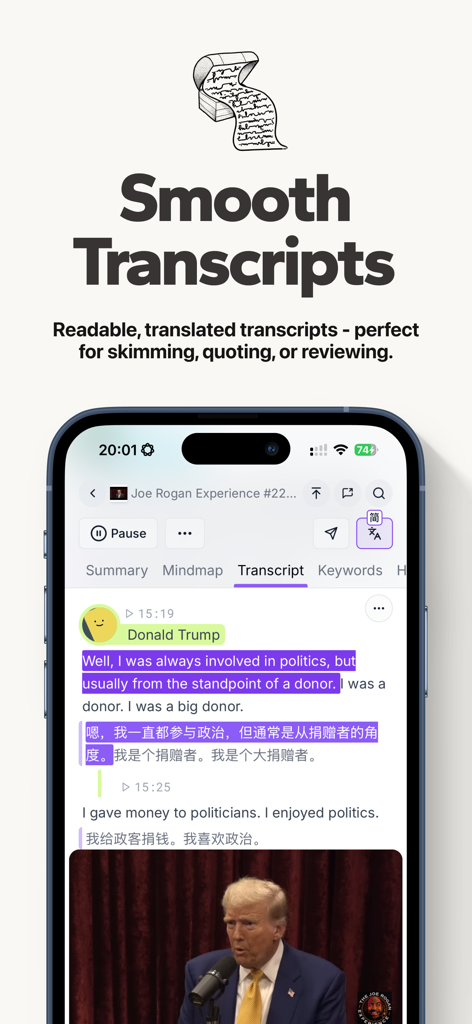 Podwise app interface showing a translated podcast transcript with highlighted sections and speaker identification.