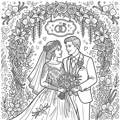 Immerse yourself in the joy of a romantic vanilla wedding with this exquisite coloring page. Featuring a loving couple beneath a lush floral arch embellished with delicate vanilla motifs, it offers a beautifully intricate design for creative expression.
