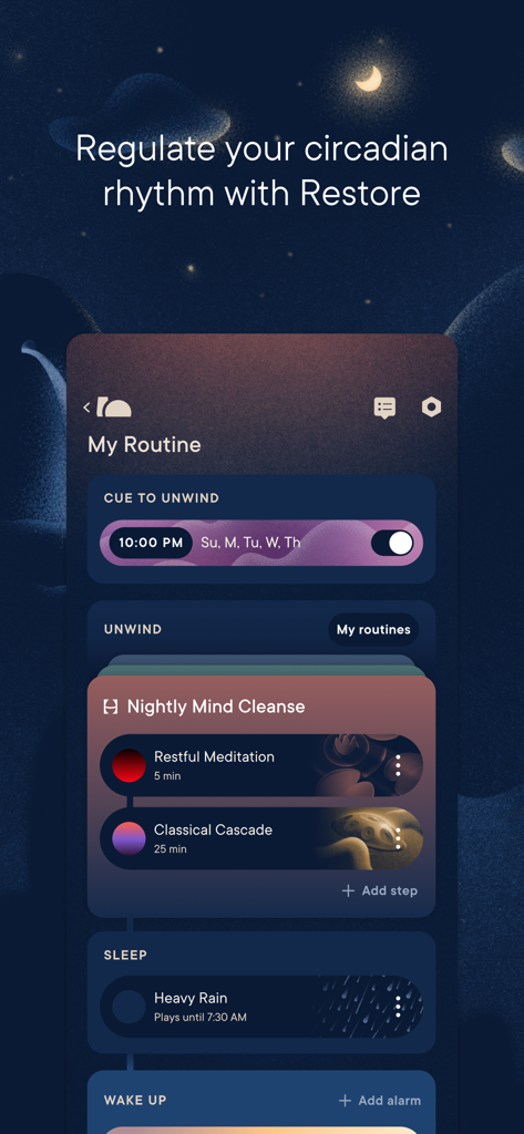 Hatch Sleep - Hatch Sleep app interface displaying a nightly routine to regulate circadian rhythm using the Restore device