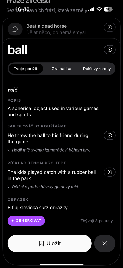 Détail d'un mot de vocabulaire anglais dans l'application Kuba, montrant sa traduction tchèque et des phrases d'exemple.