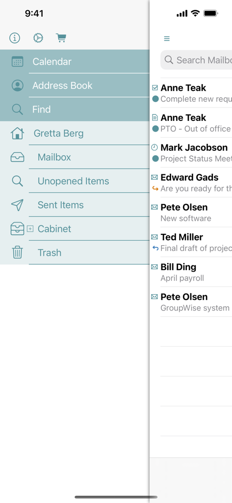 GW Mailbox App-Seitenleistennavigationsmenü mit Kalender, Adressbuch und E-Mail-Ordnern