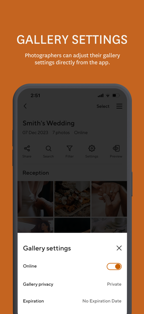 Gallery settings screen in the Pass app for managing photo privacy and online status