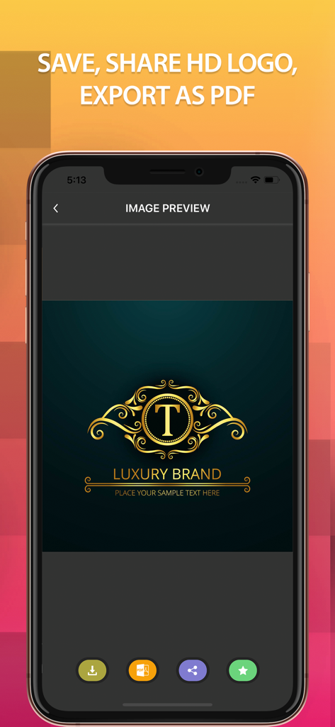 Logo Maker: Create & Design - Vista previa de un diseño de logo de lujo con opciones de exportación PDF