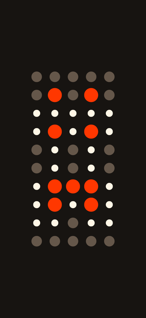 Bruto - Una cuadrícula minimalista de puntos blancos, grises y rojos sobre un fondo negro