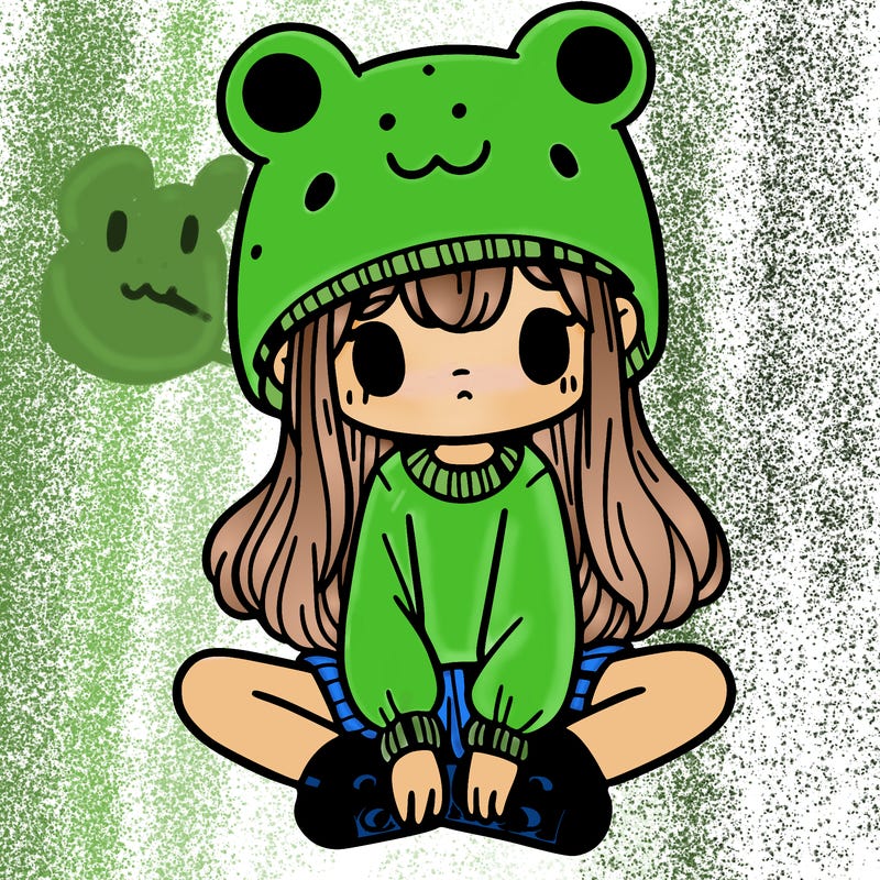 a girl wearing a frog hat and some frog socks