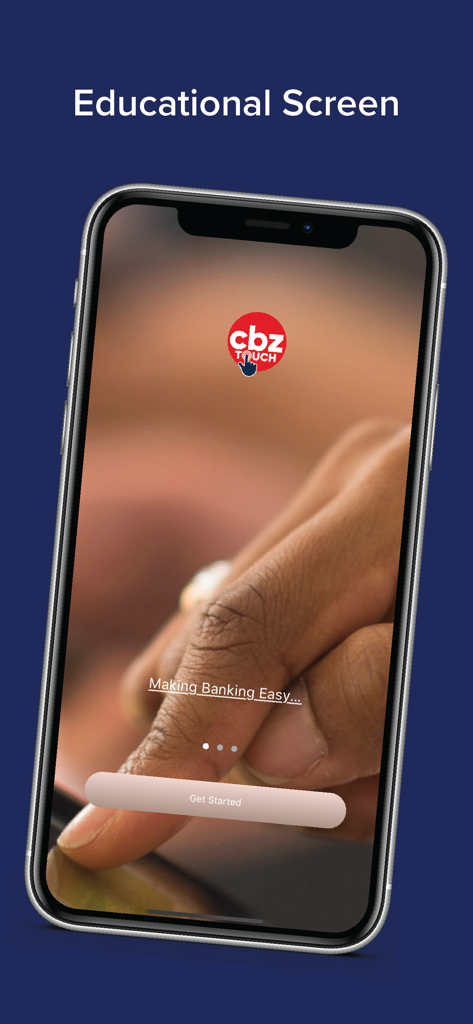 CBZ Touch - Pantalla de introducción de la aplicación móvil CBZ Touch con el eslogan 'Haciendo la banca fácil' y un botón para comenzar.