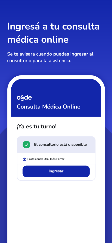 CMO (OSDE) - Smartphone screen of the CMO OSDE app showing a notification for an online medical consultation with a doctor