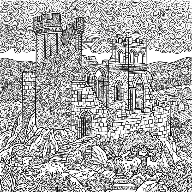 Embark on a meditative coloring adventure with this exquisite Zentangle castle ruins page. Every stone and archway is transformed into a canvas of intricate patterns, offering hours of calming creativity.