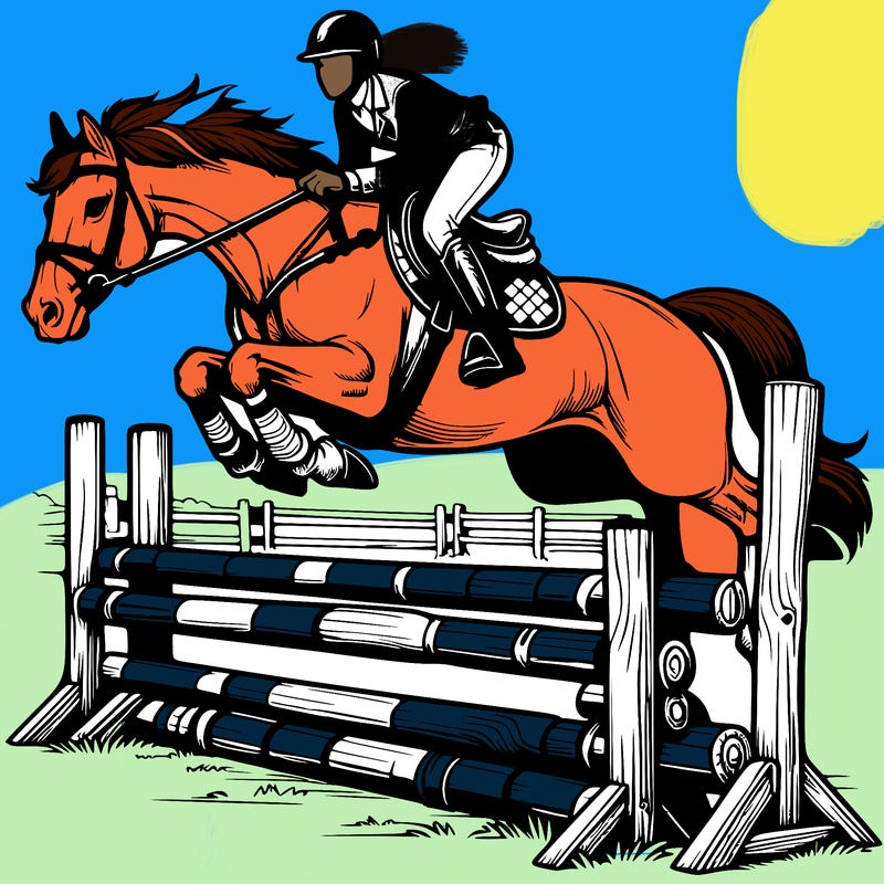 realistic horse jumping over an obstacle with a rider on it