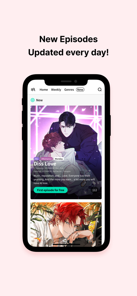 Lalatoon - Comics & Webtoon - Lalatoon mobile app interface showing premium BL and romance webtoon comics with a daily update announcement.