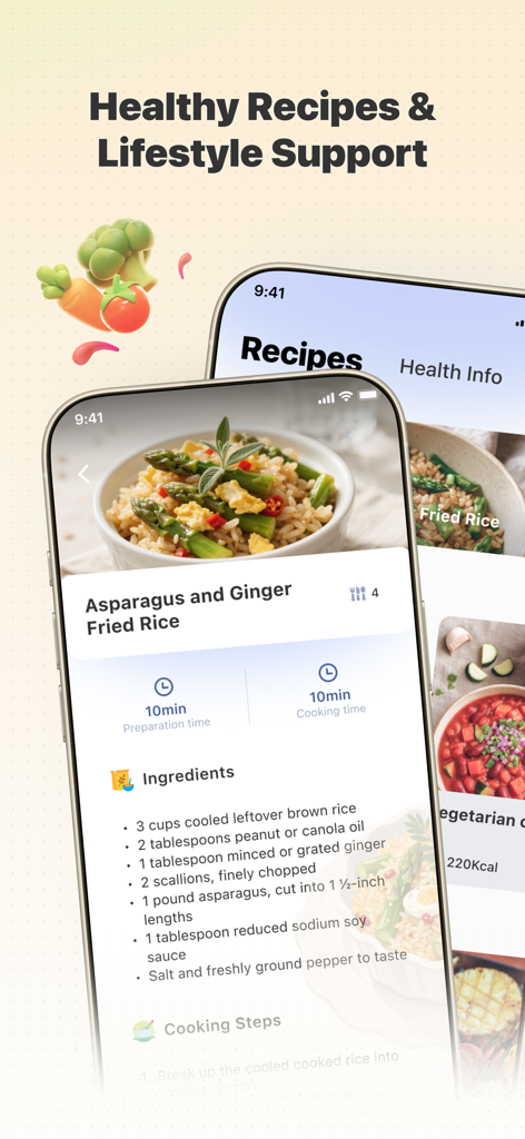 Healthy recipes and lifestyle support screen showing an asparagus and ginger fried rice recipe
