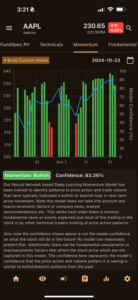 Interfaz de la aplicación FundSpec que muestra una señal de momentum alcista para las acciones de AAPL basada en un modelo de aprendizaje profundo.