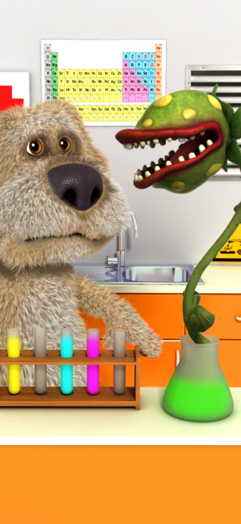 Talking Ben the Dog em seu laboratório de química com uma grande planta carnívora e tubos de ensaio coloridos