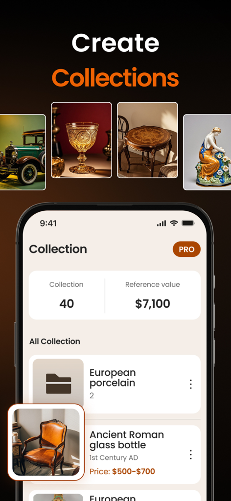 モバイルアプリの画面。アイテムカテゴリと合計参照値の追跡を含む、キュレーションされたアンティークコレクションが表示されています。