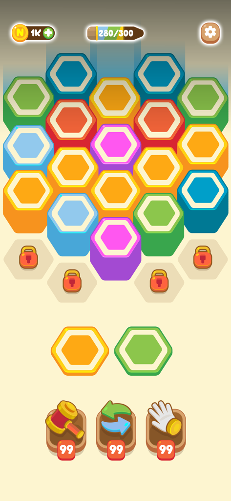 Pencil Sort - Color Sorting - Captura de tela da jogabilidade do Pencil Sort mostrando peças hexagonais coloridas e mecânicas de classificação