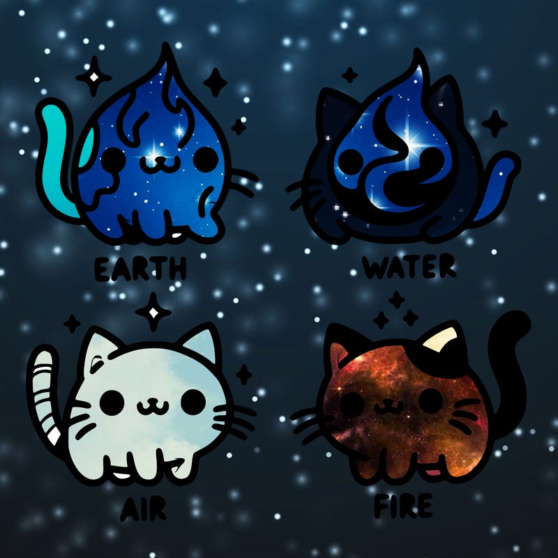 4 cats that represent the different elements, earth, water, air, and fire