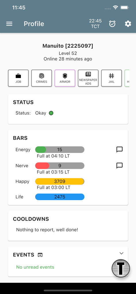 Torn PDA - Torn PDA app user profile dashboard showing energy nerve and status bars