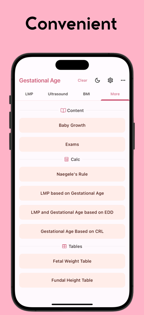 Gestational Age (baby's age) - Gestational age app interface showing a list of medical calculators and fetal growth tables on a pink background