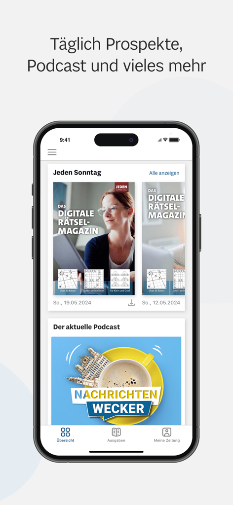 Augsburger Allgemeine app screen showing digital puzzle magazine and podcast sections