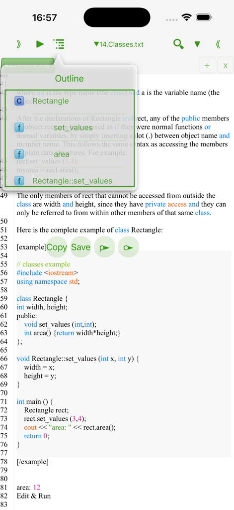 Mobile C plus plus IDE interface displaying a code tutorial on classes with a code outline popup and execution results