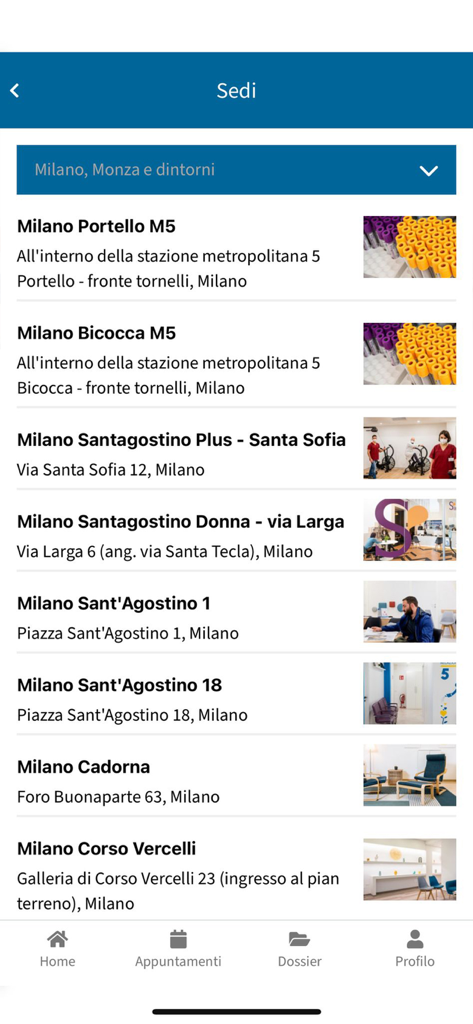 My Santagostino - Mobile app screen showing a list of Santagostino medical center locations in Milan