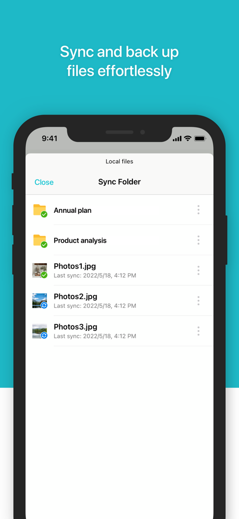 同期されたフォルダと写真が表示された Synology Drive モバイルアプリのインターフェース