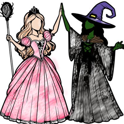 detailed realistic split of a princess and a witch