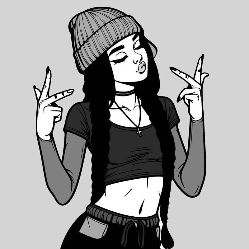 realistic teenage girl with braids and a beanie and crop top doing 🫶🏼