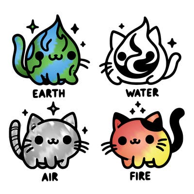 4 cats that represent the different elements, earth, water, air, and fire