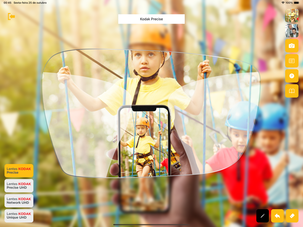 iPad interface showing a visual simulation of Kodak Precise progressive lens clarity for optical consultations