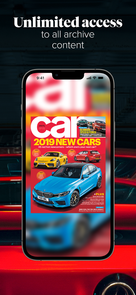 CAR Magazine - News & Reviews - CAR Magazine app on iPhone showing unlimited access to digital archive issues.