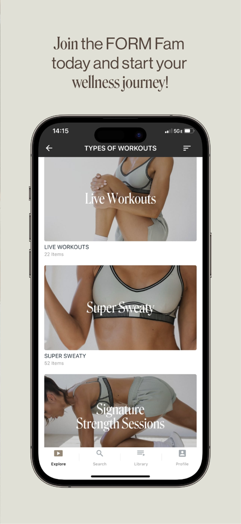 FORM: Strength, Pilates, Gym - Pantalla de iPhone que muestra varias categorías de entrenamiento en la aplicación FORM, incluyendo Clases en Vivo, Súper Sudorosas y Sesiones de Fuerza Exclusivas