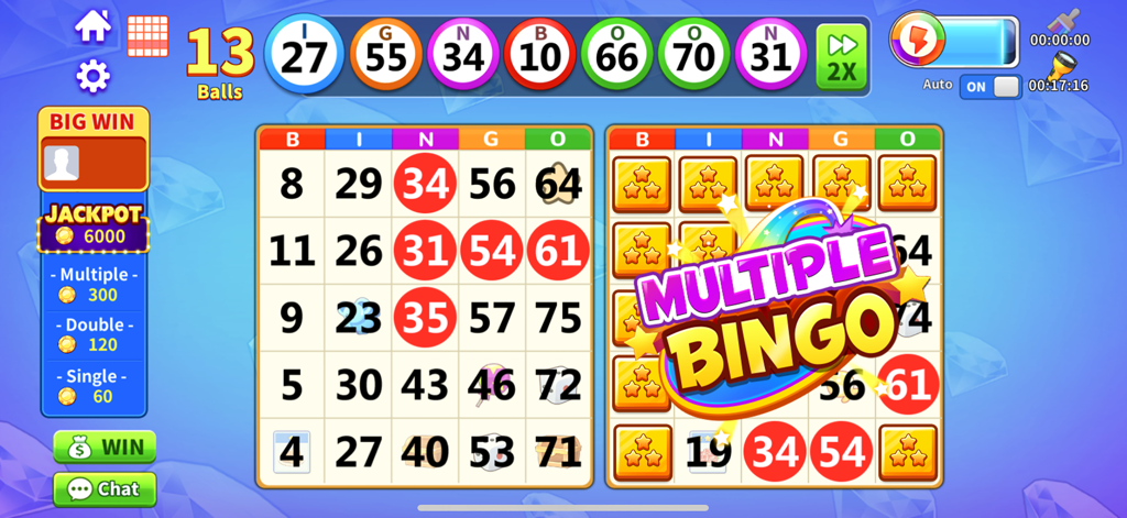 Schermata di gioco di Bingo Lucky che mostra due cartelle attive e una celebrazione di vittoria di Bingo Multiplo con un indicatore di jackpot