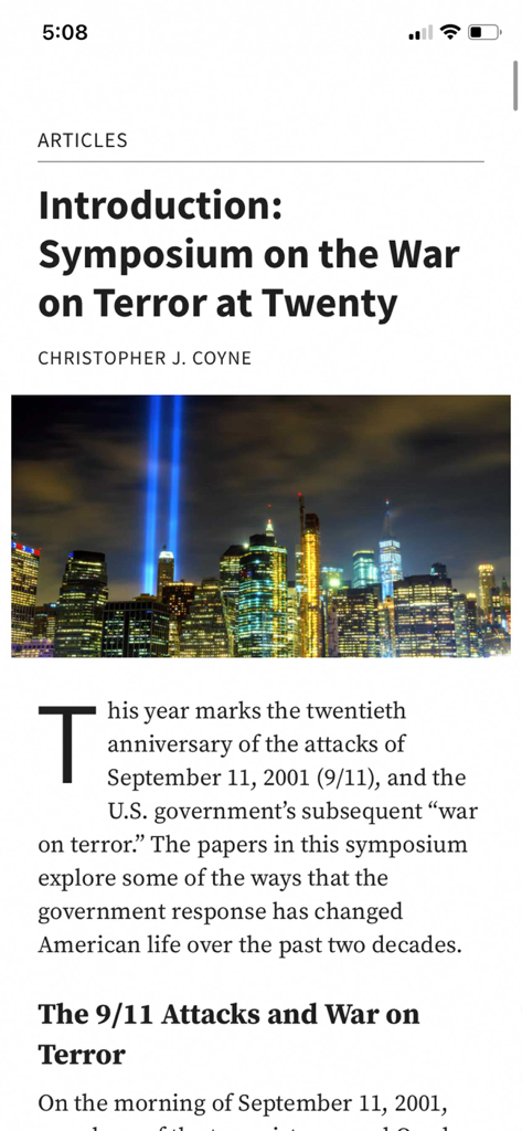 Scholarly article interface in The Independent Review app discussing the War on Terror