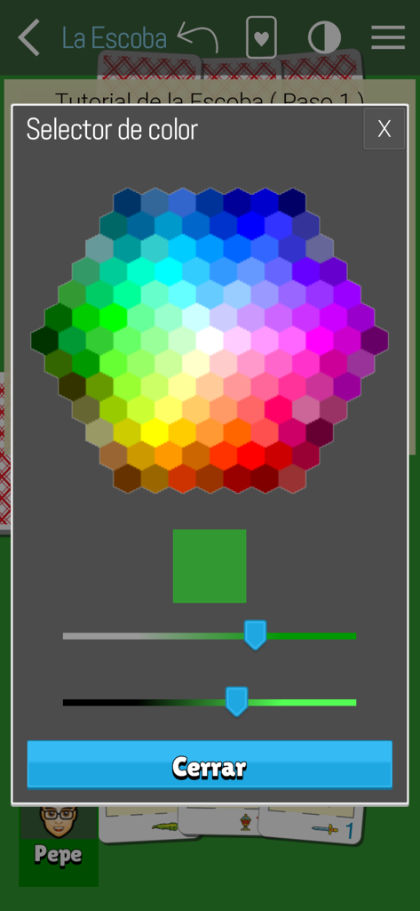 Interfaz de selector de color para personalizar el juego de cartas La Escoba