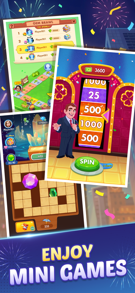 A compilation of Phase 10 mini games featuring a prize wheel, a gem mining puzzle, and a competitive leaderboard.