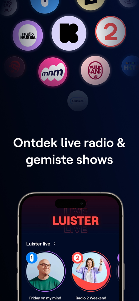 VRT MAX app interface showing live Belgian radio stations and featured shows