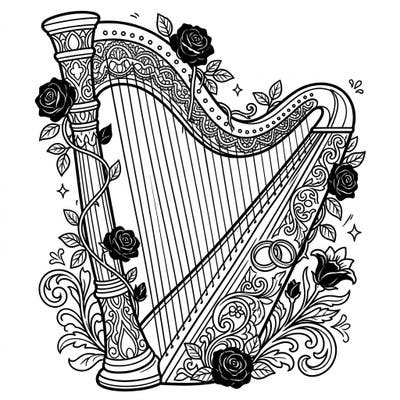 Unveil the mysterious beauty of our Gothic Wedding Harp coloring page, a stunning blend of musical elegance and dark romance. This intricate design, adorned with roses and ornate details, offers a captivating escape for adult colorists.
