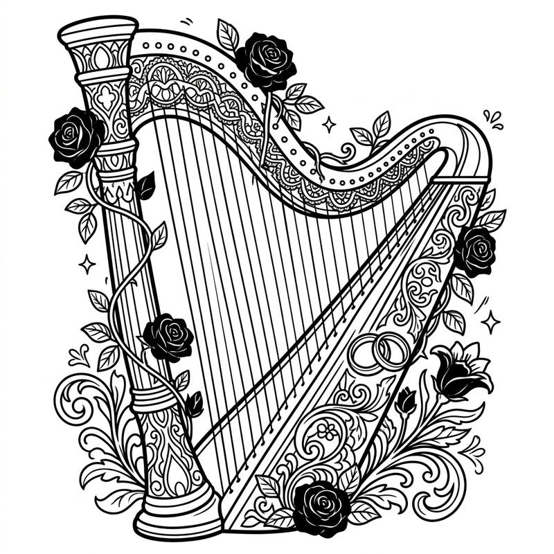 Unveil the mysterious beauty of our Gothic Wedding Harp coloring page, a stunning blend of musical elegance and dark romance. This intricate design, adorned with roses and ornate details, offers a captivating escape for adult colorists.