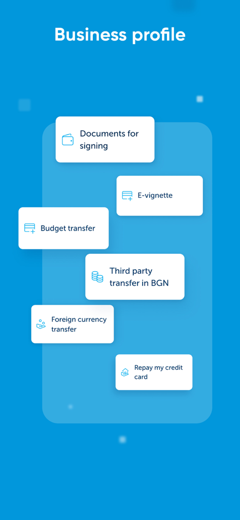 UBB Mobile app business profile screen showing options for document signing and international transfers