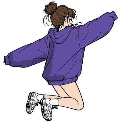 realistic girl jumping with a bun and oversized sweatshirt