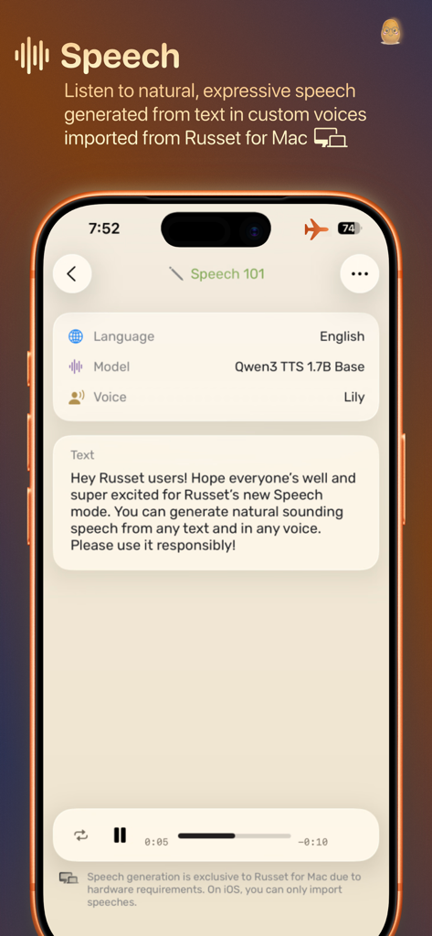 Russet: Private on-device AI - Russet app screen showing speech playback of AI generated text with custom voice settings