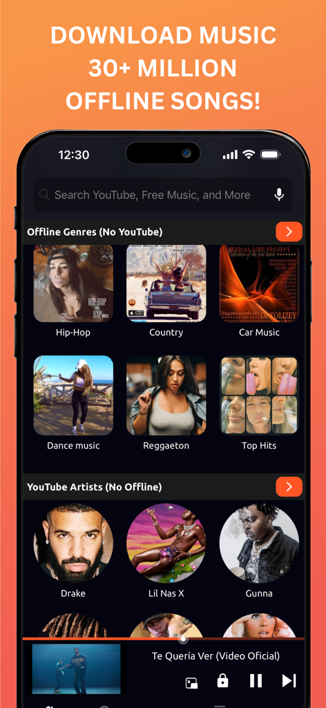 Interface of the Music Downloader app showing offline music genres and trending YouTube artists.