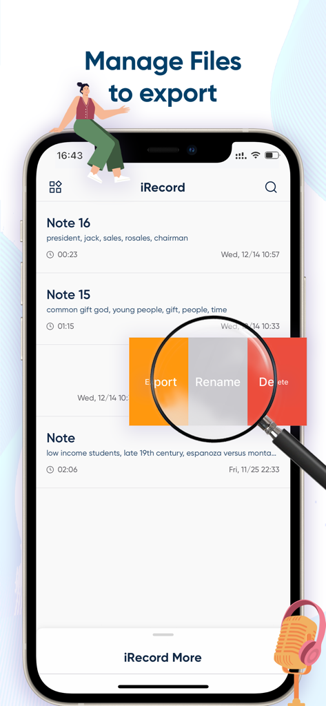 Interface of iRecord app showing options to export rename and delete voice memo notes