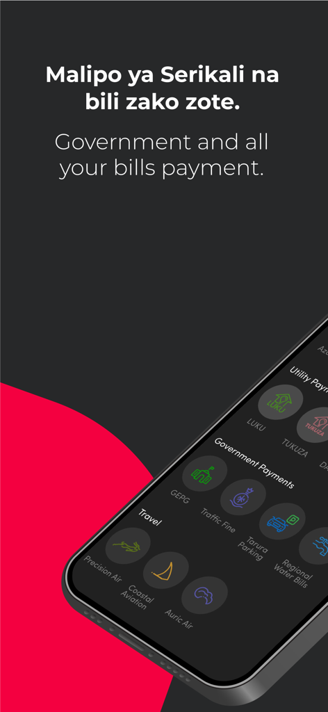 Selcom Pesa - Selcom Pesa app screen displaying various government and utility bill payment options including GEPG and LUKU.