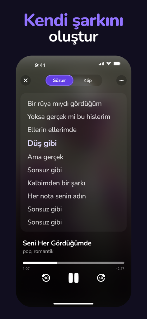 Pantalla de la aplicación móvil Songify mostrando letras generadas por IA para una canción pop romántica