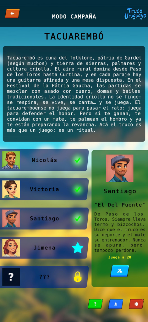 Pantalla del modo campaña del juego móvil Truco Uruguayo con selección de personajes y una descripción de la región de Tacuarembó