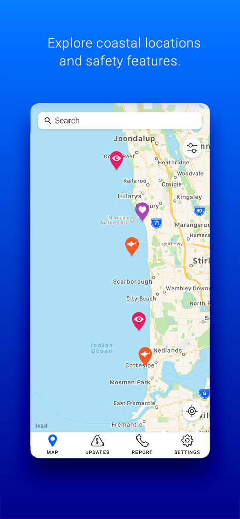 SharkSmart WA app map showing shark activity and beach safety markers