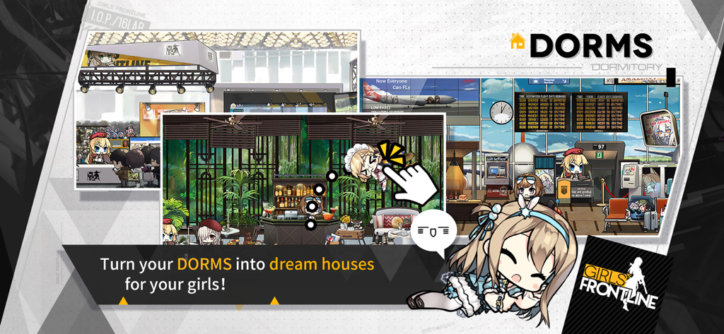 Divers dortoirs personnalisables avec des personnages d'anime chibi dans Girls Frontline
