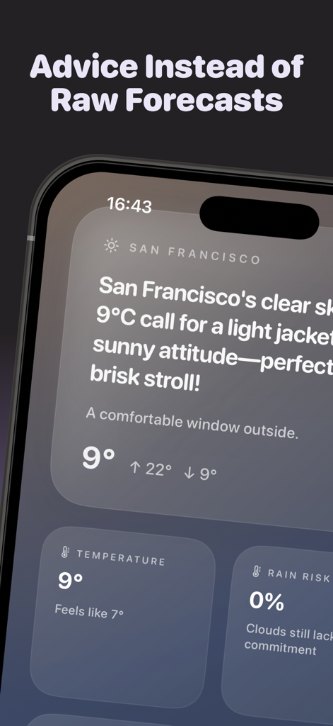 Weather Assistant AI mobile app screen displaying conversational weather advice for San Francisco recommending a light jacket